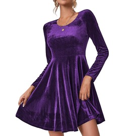 Zeagoo Women's Velvet Dress Christmas Dress Elegant Winter Dress Long Sleeve Evening Dress Round Neck Cocktail Dress Festive Party Dress Knee-Length Prom Dresses, Purple