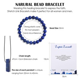 CERSLIMO Natural Bead Bracelet & Necklace for Women Men Teen Girls Boys - Healing Anxiety Stretch Link Bracelets with Beautiful 8mm Crystal, Lapis Lazuli Pendant Necklace for Birthday Christmas