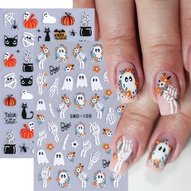 4 Sheets Halloween Nail Art Stickers Decals Pumpkin Cat Skeleton Nail Stickers Cute Ghost with Design 5D Embossed Self Adhesive Nails Supplies for Women Girls Manicure DIY Decoration
