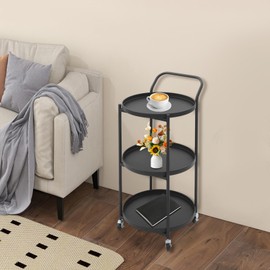 Round 3-Tier Rolling Bar Cart with Wheels, Round Bar Serving Cart with Metal Frame, 18 x 31 inch Mobile Storage Carts for Kitchen Dining Room Living Room (Black)