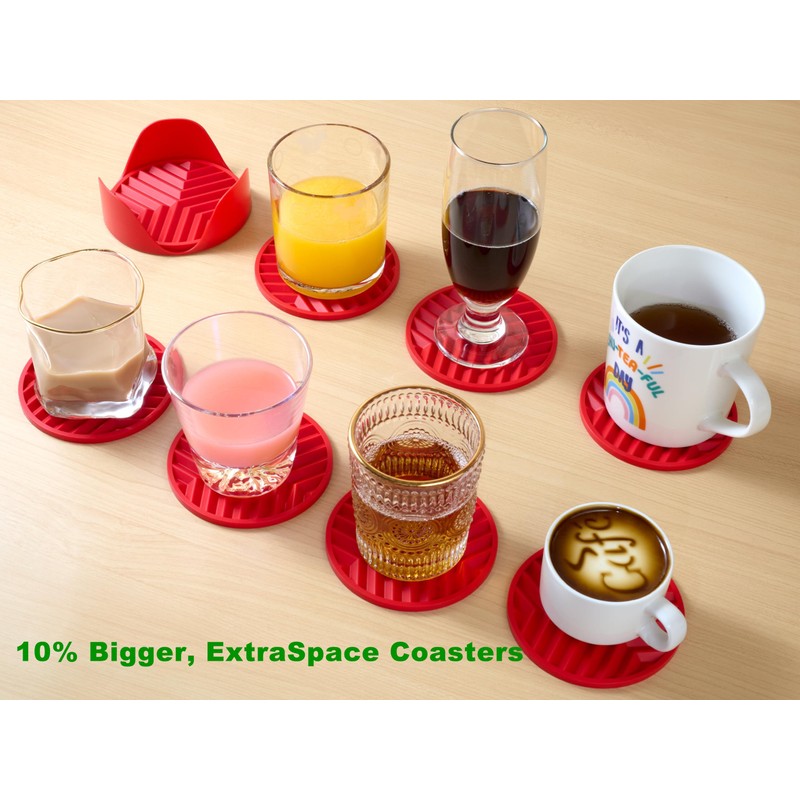 8-Pack Red Silicone Coasters with Holder, Non-Slip Rubber Coasters for
