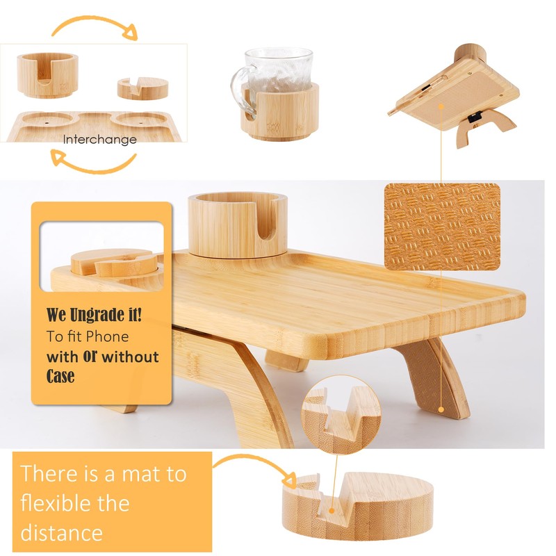 Nnewvante Couch Table on Arm,3 in 1 Large 15.36"x9.85" Bamboo