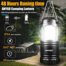 Anygo Camping Lanterns for Power Outages, Emergency Lights, Adjustable Brightness, 48 Hour Battery Life, USB & Solar Rechargeable Lamp with Foldable Hook & Mangnetic Base for Home, Outdoors 4-Pack