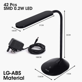 TEKLED® LED Desk Lamp | Stepless Dimmable with Flexible Gooseneck | 6W Capacitive Touch Switch with 3 Color Levels | Eye Protection for Bedside Reading, Office Work, Students | Energy Class A+