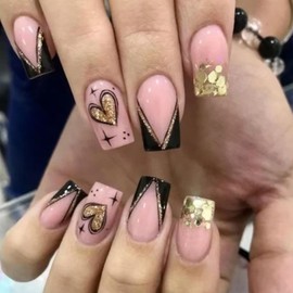 24Pcs Valentines Press on Nails Square Black French Fake Nails Gold Glitter False Nails with Heart Love Designs Acrylic Nails V-Shaped French Glue on Nails Full Cover Heart Artificial Nails for Women