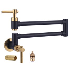iVIGA Pot Filler Faucet, Brass Wall Mount Kitchen Faucet Black & Gold Folding Stretchable with Double Joint Swing Arm Single Hole 2 Handles for Kitchen, Stove Faucet