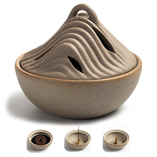 NGE Incense Burner, Ceramic with Lid, Stylish, Karesansui, Flame Retardant Cotton and Incense Holder, Compatible with Aroma, Cones, Sticks and Incense, Easy Care, Asian, Relaxing, Healing, Yoga,