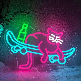 Lucunstar skateboard Cat Neon Sign,Cat Neon Sign,Neon Signs for Wall Decor,USB Connectivity Adjustable Brightness Neon Sign for Wall Decor,Sign for Cat Lover,Pet Shop