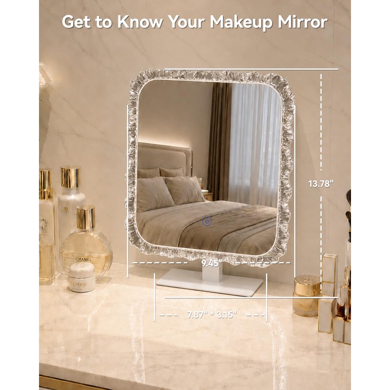 13.8 x 9.5 LED Makeup Mirror with Lights, Crystal Frame,