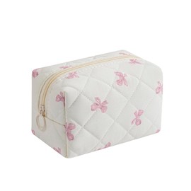 RSRSLEII Small Quilted Cotton Makeup Bag, Aesthetic Cosmetic Bag, Cute Floral Makeup Pouch, Kawaii Trendy Preppy Travel Toiletry Bag for Women and Girls (03 Pink Bow)