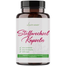 Stoffwechsel Kapseln mit Chlorella, Bakterienkulturen, Beta-Glucane und Eichhasefruchtkörper-Extrakt im Glasbehälter