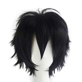 Short Black Wig Cosplay Wig, Unisex Anime Cosplay Wigs, Synthetic Layered Short Hair Wigs with Bangs