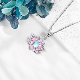 YAFEINI Lotus Necklace 925 Sterling Silver Moonstone Lotus Pendant For Women Flower Jewelry Christmas Presents, Sterling Silver, Moonstone