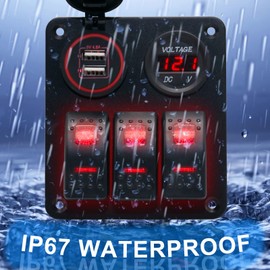 3 Gang Switch Panel, EilxMag Red Marine Rocker Switch Panel Waterproof with 12V/24V Dual USB Slot Socket Voltmeter for Car Marine Boat Truck