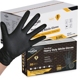 TitanFlex ThorGrip Heavy Duty Black Industrial Nitrile Gloves, 8-mil, XL, Case of 1000 (20 Boxes), Latex Free, Raised Diamond Texture, Powder Free, Food Safe, Mechanic Gloves