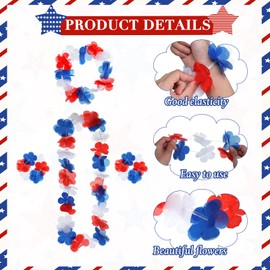 96 Pieces 4th of July Red White and Blue Flower Leis Include Independence Day Necklace Head Leis and Hand Leis, Patriotic Decorations Hawaiian White Blue Lei for Independence Day Adults Kids