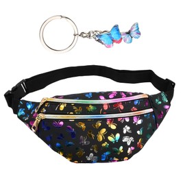 Anseom Fashion Bum Waist Bag Shinny Butterfly Hip Pouch for Children Waterproof PU Leather Waist Bag with Adjustable Belt Lightweight Waist Pack for Women Girls for Running Shopping (Black)