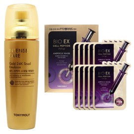 Tony Moly Intense Care Gold 24K Snail Emulsion + Bioex Cell Peptide Fill-up Ampoule Mask Set (10 pieces) / 토니모리 인텐스 케어 골드 24K 스네일 에멀전+바이오이엑스 셀 펩타이드 필업 앰플 마스크 세트(10매입)