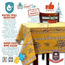Royal Lavender Wipeable Tablecloth Spill Resistant Acryllic Coated, Floral Cotton French Provencal Tablecloth for Rectangle Tables, for Indoor and Outdoors, Yellow, 60 x 116 in