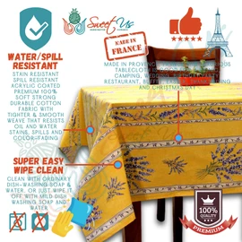 Royal Lavender Wipeable Tablecloth Spill Resistant Acryllic Coated, Floral Cotton French Provencal Tablecloth for Rectangle Tables, for Indoor and Outdoors, Yellow, 60 x 116 in
