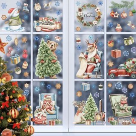 KASESSS 9 Sheets Christmas Window Stickers for Glass, 87 Pcs Double Sided Animals Window Clings, Static PVC Window Sticker Removable Reusable Xmas Window Decals for Home Office Party Decor