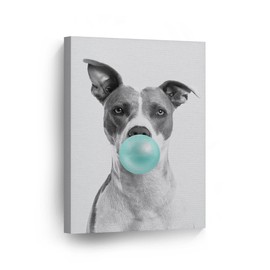 Smile Art Design Cute Pitbull Dog Animal Bubble Gum Art Teal Blue Canvas Print Black and White Wall Art Home Decoration Pop Art Living Room Kids Room Decor Made in The USA 40x30