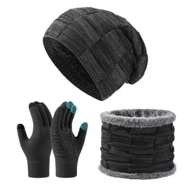RENDIN Gorros Invierno Bufanda - Guantes Tactiles con Tejido de Punto 3 en 1 - Bufandas con Forro de Felpa para Mujeres y Hombres (Negro)