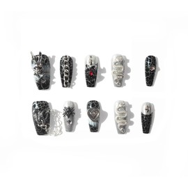 Nailyjoy Handcraft Reusable Press on Nails Devil's Cave, Easter Weird Stunning Exquisite Silver fissure Medium Coffin Fake Nails with Evil Rabbit Snake and Pendant in 10pcs Customized Size (Large)