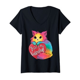 Womens My Cat is My Valentines Day Colorful Cats Lover Heart Design V-Neck T-Shirt