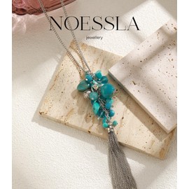 Noessla Boho Long Pendant Necklaces for Women Silver Tassel Long Necklace Sweater Chain Mothers Day Gifts Silver Costume Jewelry for Women(Turquoise)