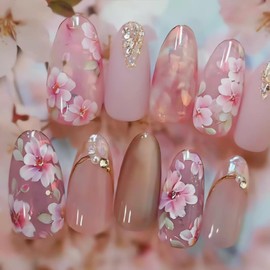 OHWODA 24 Pieces Press on Nails Set with Cherry Blossom Designs, Pink Floral Pattern with Rhinestones Fake Nails, Medium Almond Shape Glue on Nails, Spring Floral Stick on Nails for Women Girls
