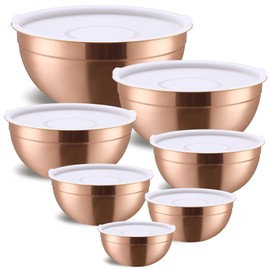 Moxinox Rose Gold Mixing Bowls with Airtight Lids, Stainless Steel Nesting Mixing Bowls Set of 7, Ideal for Baking, Prepping and Serving Food, Size 7, 3.6, 2.7, 2.1, 1.5, 1.1,0.8 QT, Stackable Design