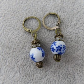 Pemby Studio CHINOISERIE Porcelain Bead Dangle Earrings Antique Bronze Tone Blue White 10mm