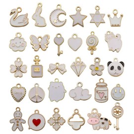 Yuantulan 30pcs Mixed Charms Rabbit The Moon Pentagram Butterflies Keys Diamonds Panda Bottle Cows Clouds Enamel Alloy Pendants for DIY Craft Jewelry Earring Necklace Bracelet Making Supplies (White)