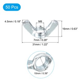 uxcell M8x1.25mm Wing Nut 50 Pcs, Carbon Steel Butterfly Wing Nuts Fasteners Parts Hand Twist Tighten Wing Nuts for Machinery Electronic Equipment DIY, White