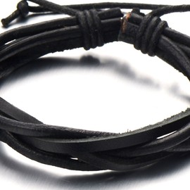 COOLSTEELANDBEYOND Unique Interwoven Black Leather Bracelet for Men for Genuine Leather Wrap Bracelet Wristband