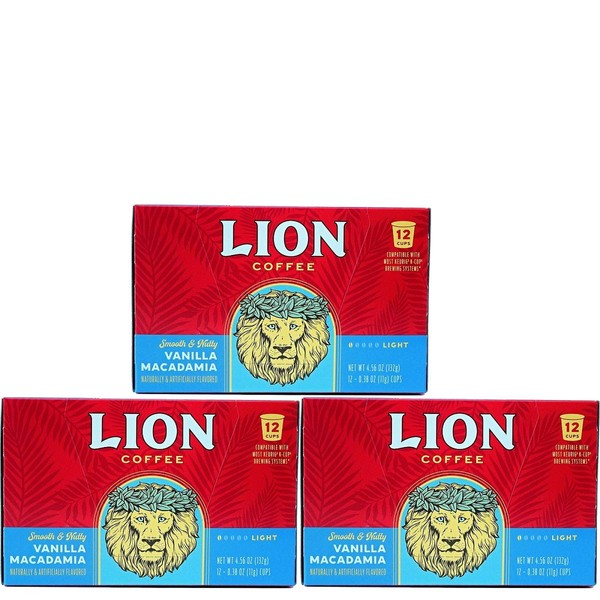 Lion Coffee Vanilla Macadamia Flavor, Single-Serve Coffee Pods - 12 Count Box (Pack of Three)