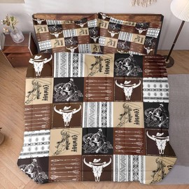WeCozy Full Size Comforter Set with 2 Pillowcases, Cowboy Vintage Brown Desert 3 Pcs Bedding for Kids and Adults, Western Animal Cow Skull Soft Comforter Set for Bedroom Bed Decor
