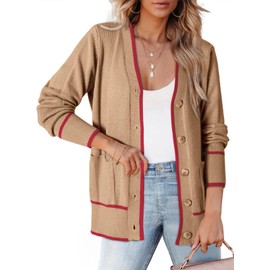 Dokotoo Long Cardigans for Women Open Front 2024 Lightweight Fashion Color Blocked Fall Twisted Knit Sweaters with Pockets,Light French Beige Large