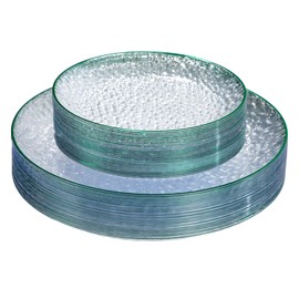 Rubtlamp 60Pcs Green Plastic Plates, Clear Plastic Disposable Plates With Green Rim, Heavy Duty Fancy Hammered Party Plates Include 30 Dinner Plates,30 Salad Plates For Christmas
