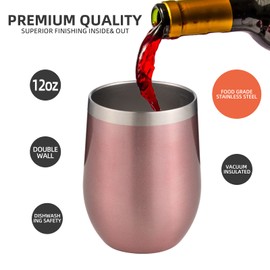 FristChoice 12 oz Insulated Wine Tumbler with Lid and Straw,Stainless Steel Stemless Wine Tumbler Glasses Double Wall Vacuum Wine Cups Tumbler Bulk for Champaign,Cocktail,Office(Rose Gold,8)