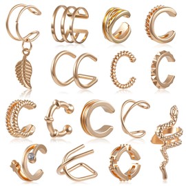 Nogeqi Pack of 15 Ear Cuff Gold Ear Cuffs Ear Fake Piercing Clip Earrings for Clamping, Adjustable Ear Cuff Fake Helix Cartilage Fake Piercings Ear Cuff Gold Earrings Without Pierced Earrings