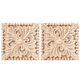 SweetSerenade 2 Pack Wood Carved Applique Onlay Square Carving Decal Unpainted Flower Door Cabinet Furniture Decoration 3.94X3.94Inch