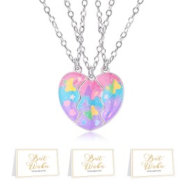 FloraMolly Friendship Necklaces for 3, Various Shapes Magnetic Butterfly Heart Necklace for Best Friend Close Friend Sisters with 3 Pieces Greeting Cards, Alloy Steel