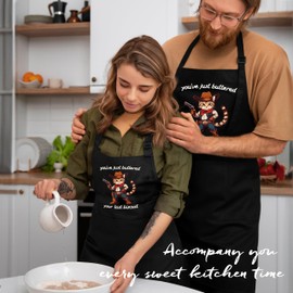 HUGANE Funny Western Cat Baking Apron with Pockets, Cat Lovers Gifts, Baking Lover Gifts, You're Just Buttered Your Last Biscuit Waterproof Adjustable Cooking Apron for Kitchen Dishwashing Grilling