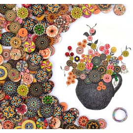 ilauke 400Pcs Wooden Buttons, Handmade Crafts Buttons, Vintage Round Buttons with 10 Pcs Colored Wires, Assorted Buttons Art for Sewing & Crafting & Decorating, 1-2.5 cm