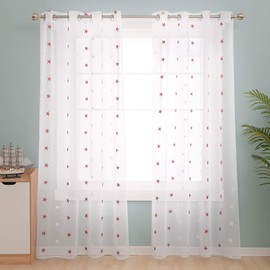 Deconovo Semi-Sheer Curtains Faux Linen Embroidered Star Pattern 140x240cm Orange 2 Panels