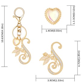 OKAICEN Alphabet Initial Gold Letter Keychain Angle Girls with Heart Crystal Key Ring for Purse Handbags Charms Women Girl ('S')