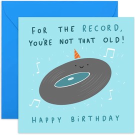 Old English Co. Funny Happy Birthday Card for Dad - 'For the Record You're Not That Old' Hilarious Vinyl Birthday Card for Him - Grandad Birthday Card | Blank Inside with Envelope