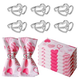 Silver Heart Napkin Rings Plus Valentine's Day Pink Cloth Napkins Set of 12, 6 pcs Polyester Red Pink Heart Cloth Napkins, 6 pcs Metal Napkin Holders for Wedding, Memorial Party Dinner Table Decor